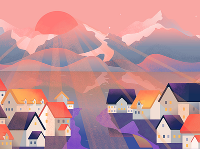 Town in dawn light digital digital art illustration landscape mountains town vector vectorart
