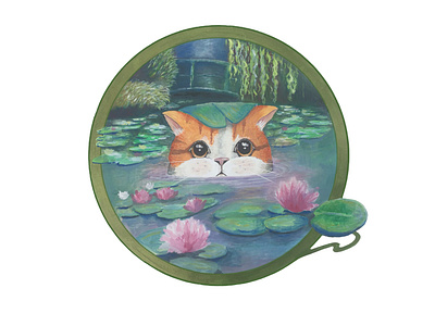 Water lily kitty design gouache illustration ink monet