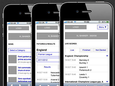 Mobile Wireframes (Football Site) data mobile wireframe