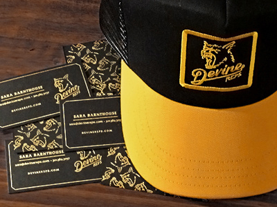 Hat and cards for Devine Reps branding business card embroidered foil hat letterpress logo