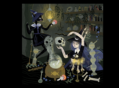 Witch and Cat character design creepy creepycute dark art fairytale illustration pagan wicca witch witchcraft
