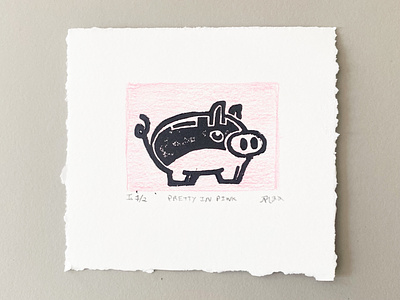 Pretty in Pink analog bank black brooklyn edition hand illustration ink linoleum making nyc pig piggy pink pretty print small stamp tail woodblock