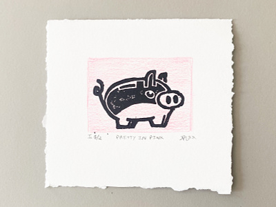 Pretty in Pink analog bank black brooklyn edition hand illustration ink linoleum making nyc pig piggy pink pretty print small stamp tail woodblock