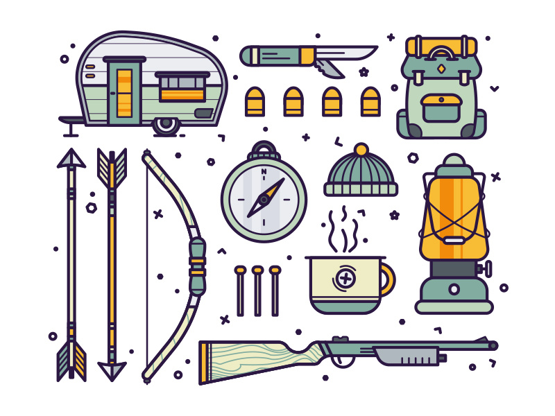 Hunting & Camping camping rv shot gun illustration brooklyn nyc summer wilderness knife lantern compass backpack bow and arrow hunting