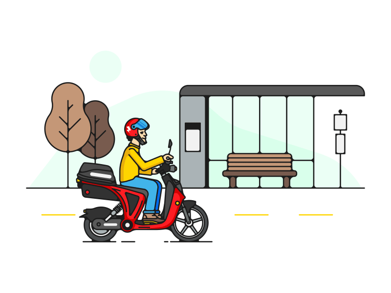 Urban Riders apartment building bench brooklyn ny brownstone bus stop electric scooter gif animation helmet motion graphics spot illustration trees urban city