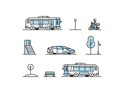 Vehicle Studies brooklyn ny bus stop bench compact car front door icons illustration light post plants scooter sedan stairs tree