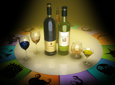 Wine Glass and Bottle 3d modeling lighting logo rendering