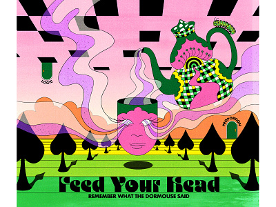Feed Your Head album art caterpillar colorful fairytale graphicdesign illustration perception psychedelic retro design surrealism teapot