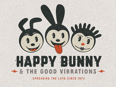Happy Bunny & the Good Vibrations electric carp illustration product characters vector vintage vintage branding vintage characters vintage illustration