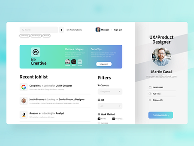 Joblist 🧾 adobe xd branding clean colors creative creative design google job job application job board job listing jobs search bar ui ui design uiux ux design web web ui web ui ux