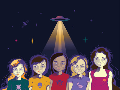 Five friends cartooning character characterdesign female galaxy girl girls illustration planet space stars