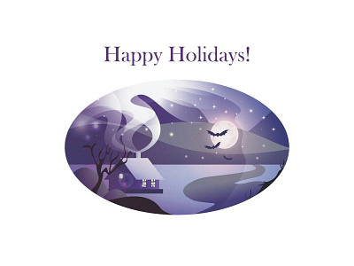 Happy Holidays Greeting Card - Dribble Weekly Warm-Up bat dribbble weekly warm up greetingcard house illustration landscape moon night smoke snow stars weeklywarmup winter