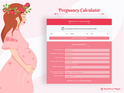 WP Pregnancy Calculator branding calculator plugin creative design flat icon illustration medical minimal plugin result typography ui ux web wordpress wp