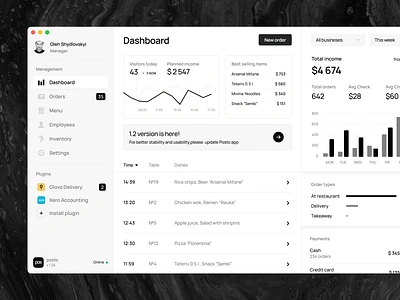 Posto | Restaurant management system app application black black white chart clean crm dashboad mac macos material neumorphic osx stats trendy ui ux webdesign white