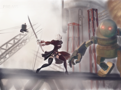 NieR:Automata - 2B VS the Machine art artwork character design digital art digital illustration digital painting digitalart fanart game game art gaming illustration illustration art illustration digital japanese scene visual art visual design visualization