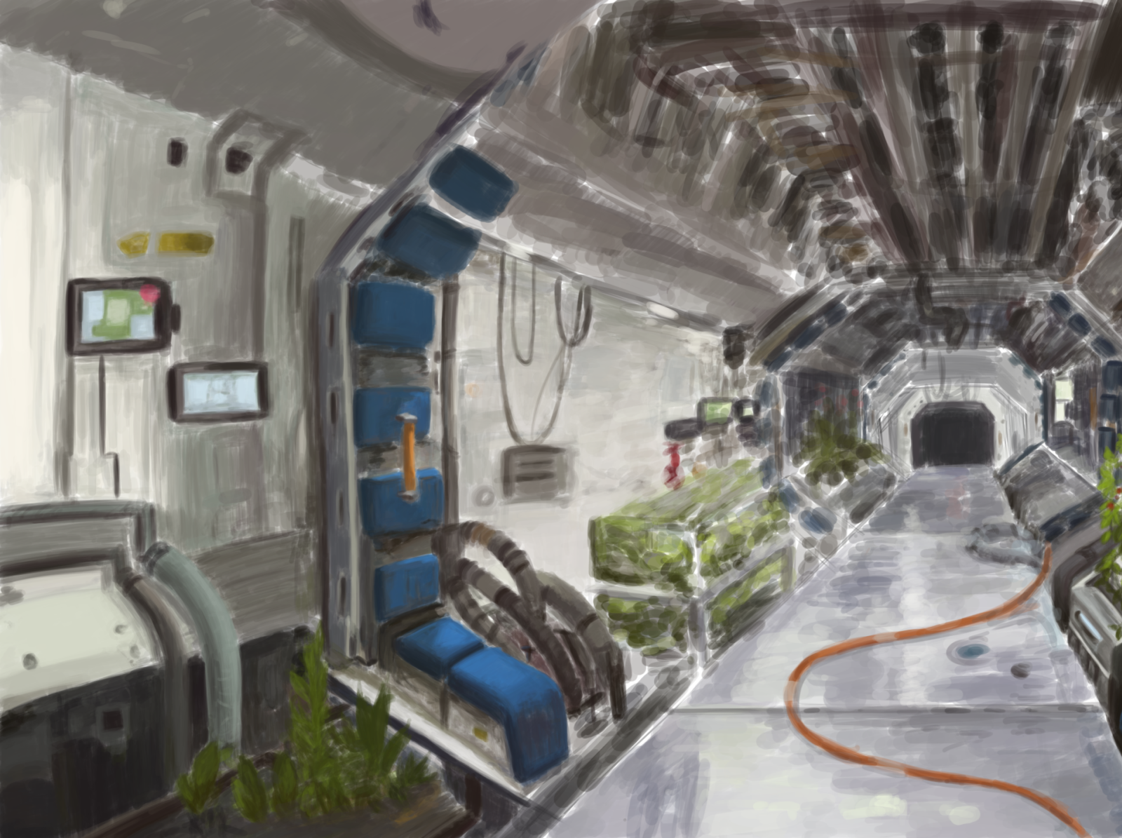 drawing of a space station inside