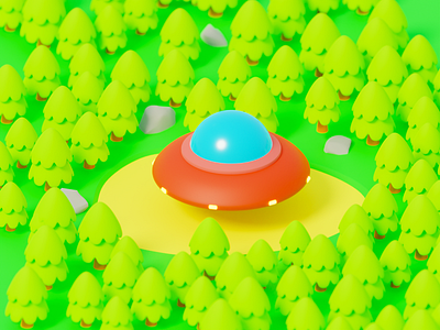 UFO in the forest 3d art b3d blender cartoon forest illustration isometric render stylization ufo