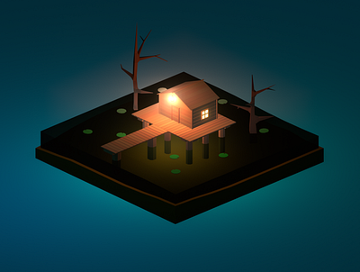 Lowpoly house in the swamp 3d art blender building house illustration isometric lowpoly night render swamp