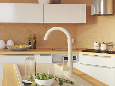 3D vizualization of faucet model in kitchen interior.