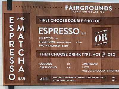Fairgounds Hanging Menus cafe espresso hanging menu matcha menu menu system wood