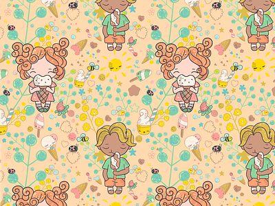 Summer time pattern boy characterdesign cute enjoy girl handdrawn ice cream illustration pattern repeat seamless summer sweet tooth sweets vector