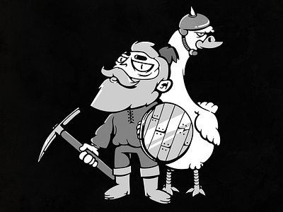Brave dwarf Grumpur and his war goose characters dwarf fairy tale fantasy goose illustration monochrome vector