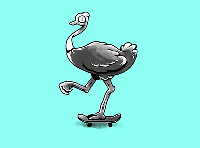 Skate wild. Ostrich. animals characters humor monochrome ostrich skate skateboarding wild
