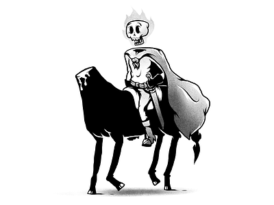 Headless horseman on his headless horse characters gothic head headless horse humor illustration monochrome skull