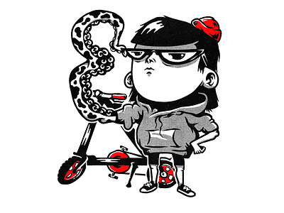 Girl in red beanie beanie bicycle bike characters girl halftone illustration monochrome strida tentacle