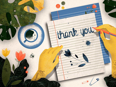 thank you artwork coffee desk hands illustration ilustracja note plants rysunek textured