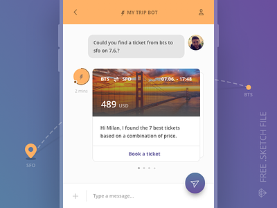 Messenger Trip Bot - Free .Sketch file ai app bot chatbot commerce flight ios message messenger trip ui ux