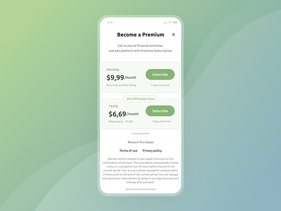 Pricing Screen in Mobile App