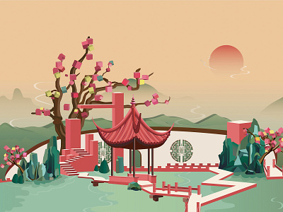 Chinese landscapes building design illustration travel web