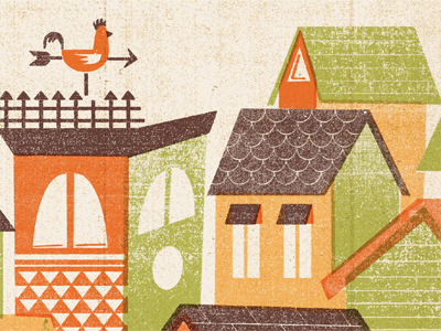 Rooster houses illustration poster