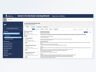 UofT CLNx Co-op Job Board Redesign dashboard design concept education