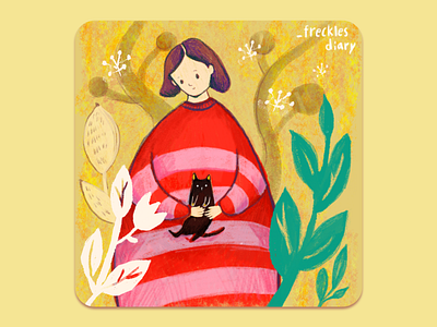 Girl with Red Dress & Black Cat animal cat girl illustration
