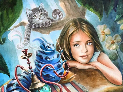Alice and blue caterpillar blue caterpillar fairy kostart lewis carol mushroom watercolor