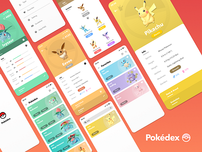 Pokédex App - V.2 app colorful concept design game minimal mobile app pikachu pokedex pokemon pokemongo product design ui ui design ux weebly