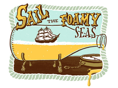 Sail the Foamy Seas beer bottle clipper ship illustration lettering screenprint typography