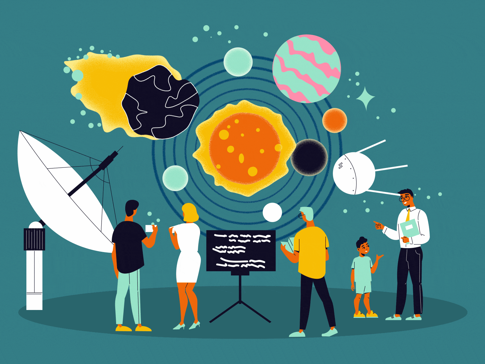 Planetarium animation comet graphic design motion graphics people plate satellite sun