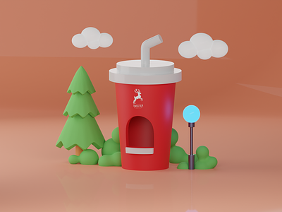 A cafe in the forest 3d blender clouds coffee cup forest graphic design illustration red