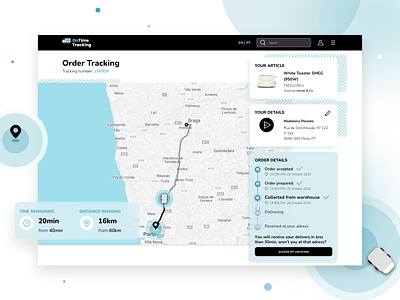 OnTime Tracking black blue design desktop destination distance location location tracker map order tracking realtime time tracking truck ui uidesign uiux uxd white