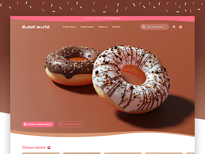 Donut World 3d brown design desktop donut donut shop ecommerce homepage homepage ui pink sprinkles uidesign uiux uxdesign website