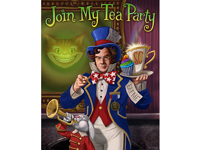 Colbert Portrait Bob Pg alice cheshire cat colbert hatter illustration lewis caroll mad hatter march hare stephen colbert tea party