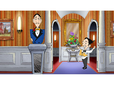 Maitre D of an, "Upscale French Restaurant" animation cartoon character illustration legal seafood