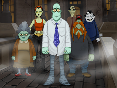 "Harvey Crypt" (cast poster) & trailer animation backgrounds characater design comedy harvey crypt horror illustration production trailer