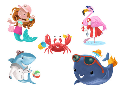 5 Summer Characters character crab flamingo mermaid shark summer whale
