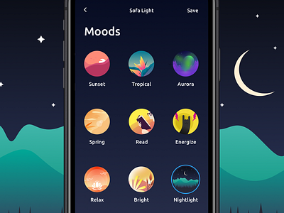 Moods Screens for Smart Home / Led, Bulb 2d app art branding color concept icon illustration ios kudret projectmind smart home app ui ux