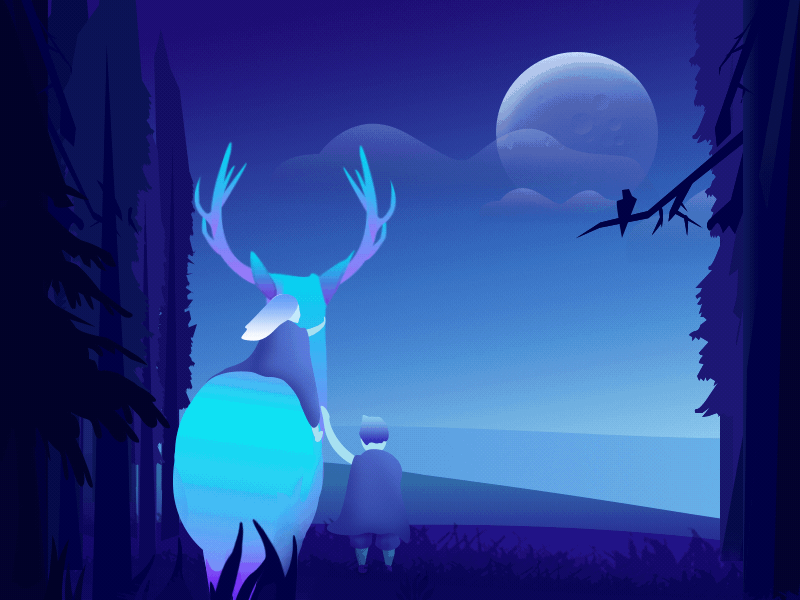 Dynamic illustration deer design dynamic forest illustration night tree