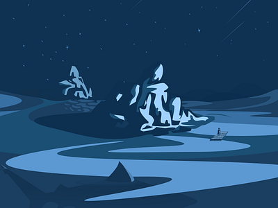 Adrift adrift bamboo raft illustration island night sea shark star starry sky
